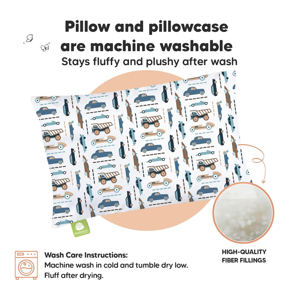 Toddler Pillow with Pillowcase - 13X18 My Little Dreamy Pillow, Organic Cotton Toddler Pillows for Sleeping, Kids Pillow, Travel Pillows, Mini Pillow, Nursery Pillow, Toddler Bed Pillow (Vroom)
