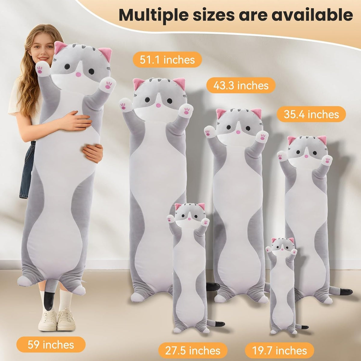 Cat Soft Pillow Plush Long Throw Sleeping Pillow Cotton Kitten Pillow Cuddly Stuffed Cute Plush Doll Gift for Girlfriend (Gray, 19.7Inch)