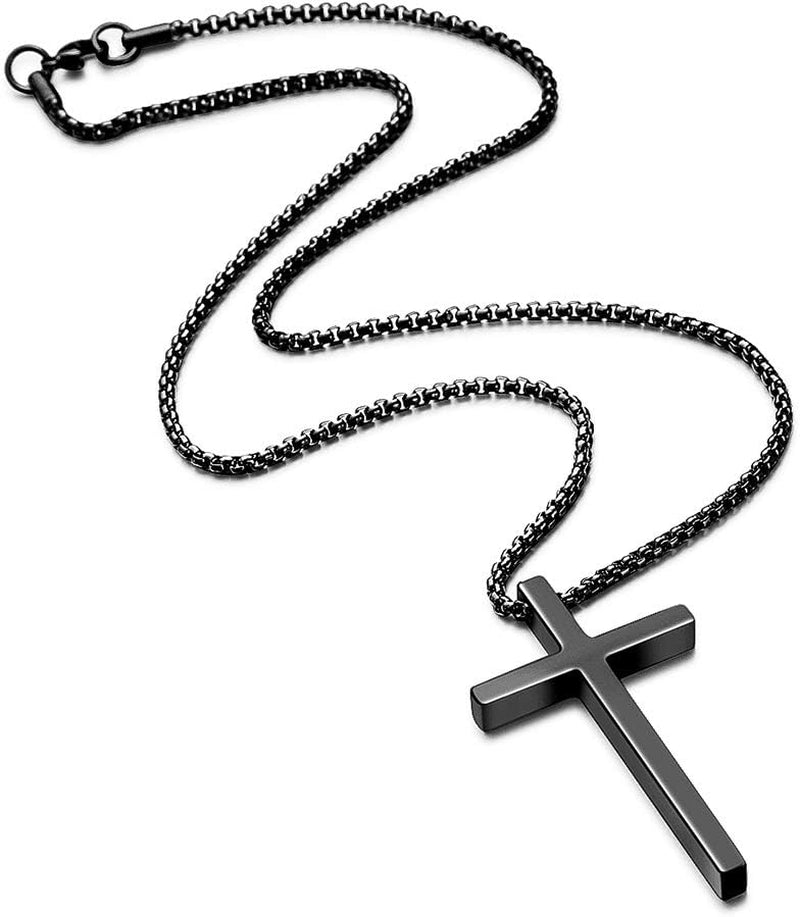 Valentines Gifts for Him Men Teen Boys -Cross Necklace for Men, Silver Black Gold Stainless Steel Plain Cross Pendant Necklace Box Chain 16-30 Inch