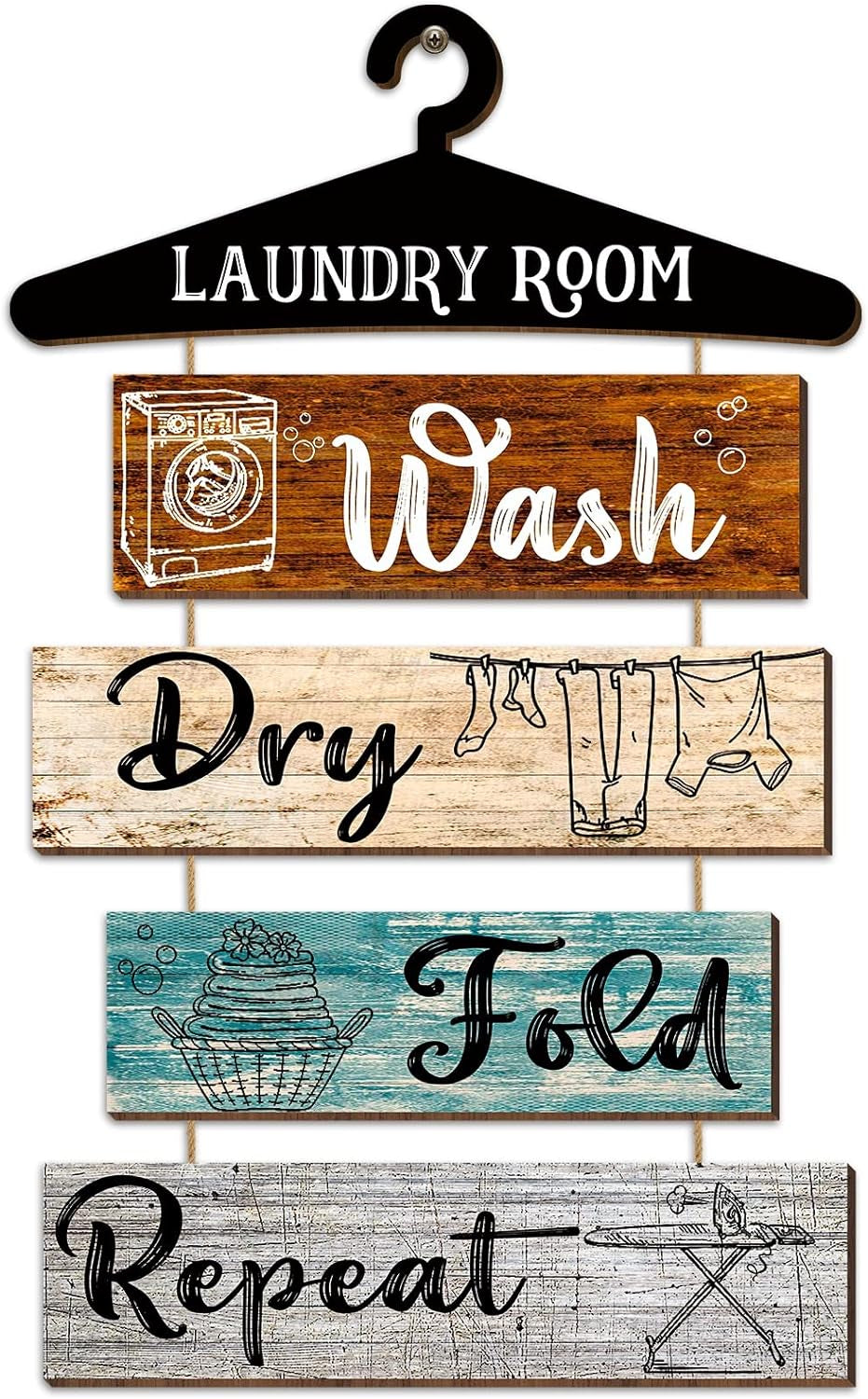5 Pieces Laundry Room Wall Sign Rustic Laundry Room Rules Hanging Sign Wooden Wash Dry Fold Repeat Laundry Plaque Vintage Farmhouse Laundry Rules Wall Decor 19.7 X 11 Inch (Multicolored Backing)