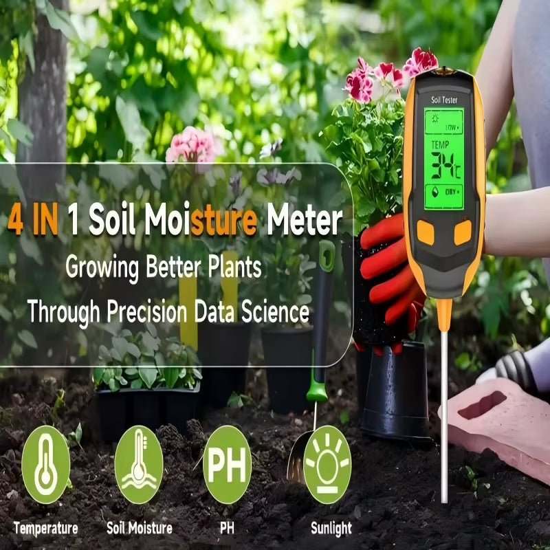 SmartGrow 4-in-1 Digital Soil Meter – Moisture, pH, Temperature & Sunlight Intensity for Perfect Plant Care