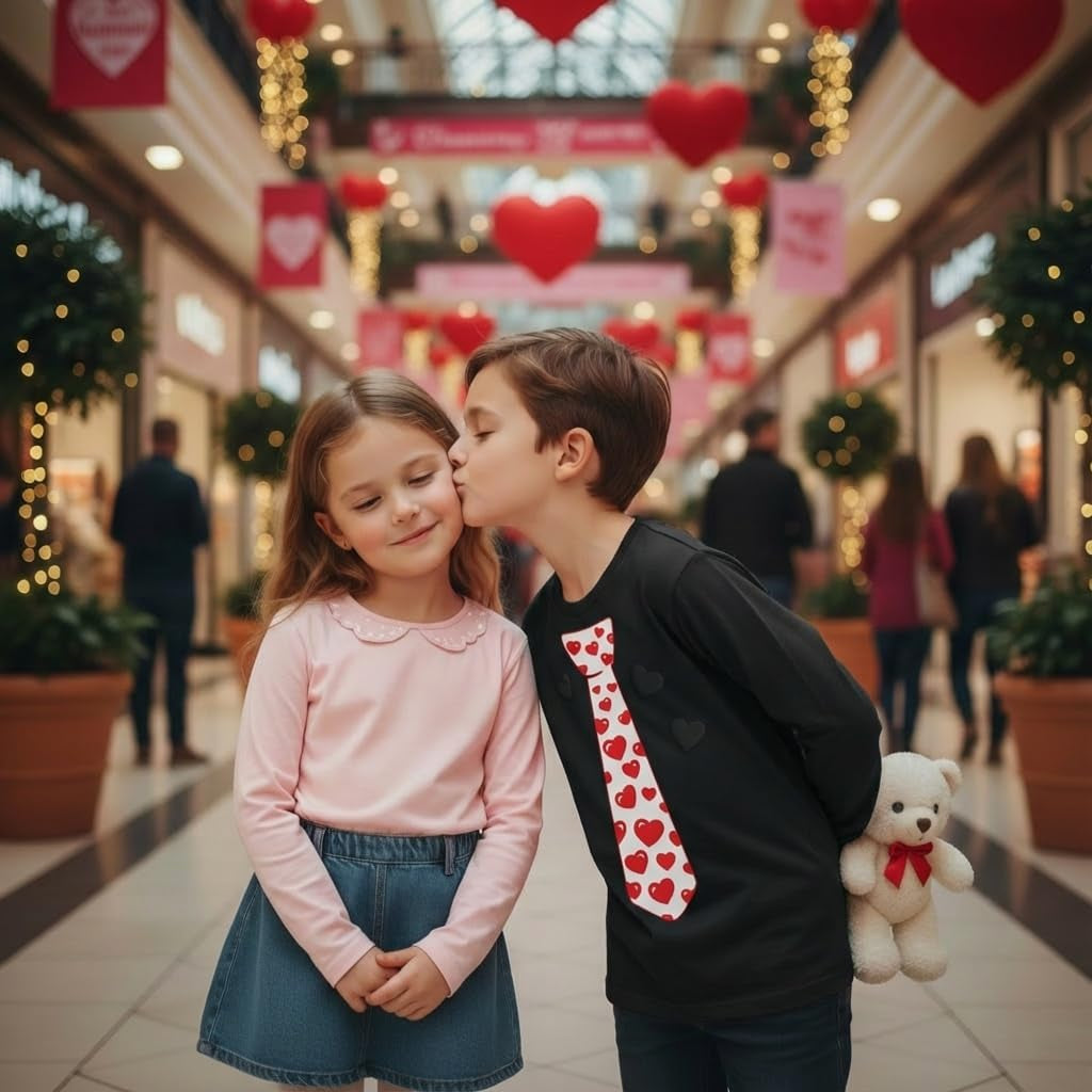Red Hearts Tie Kids Valentines Day Shirt - ABC I Love You Long Sleeve Tee for Toddlers & Youth Boys Girls