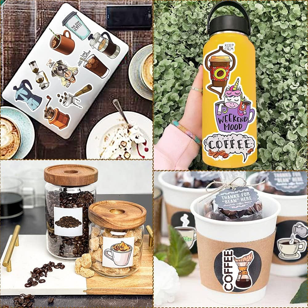 Coffee Stickers for Water Bottles Adults Coffee Stickers for Laptop Coffee Cup Stickers for Scrapbooking Coffee Vinyl Waterproof Stickers 50 Packs