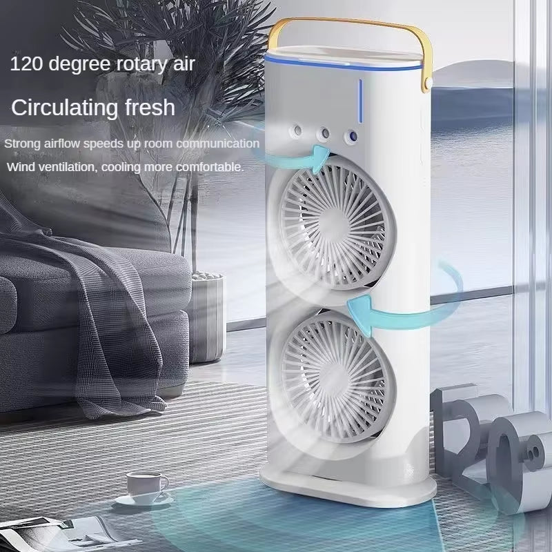 BreezeGlow™ 2-in-1 Dual Mist Cooling Fan – Chill, Hydrate & Light Up Your Space
