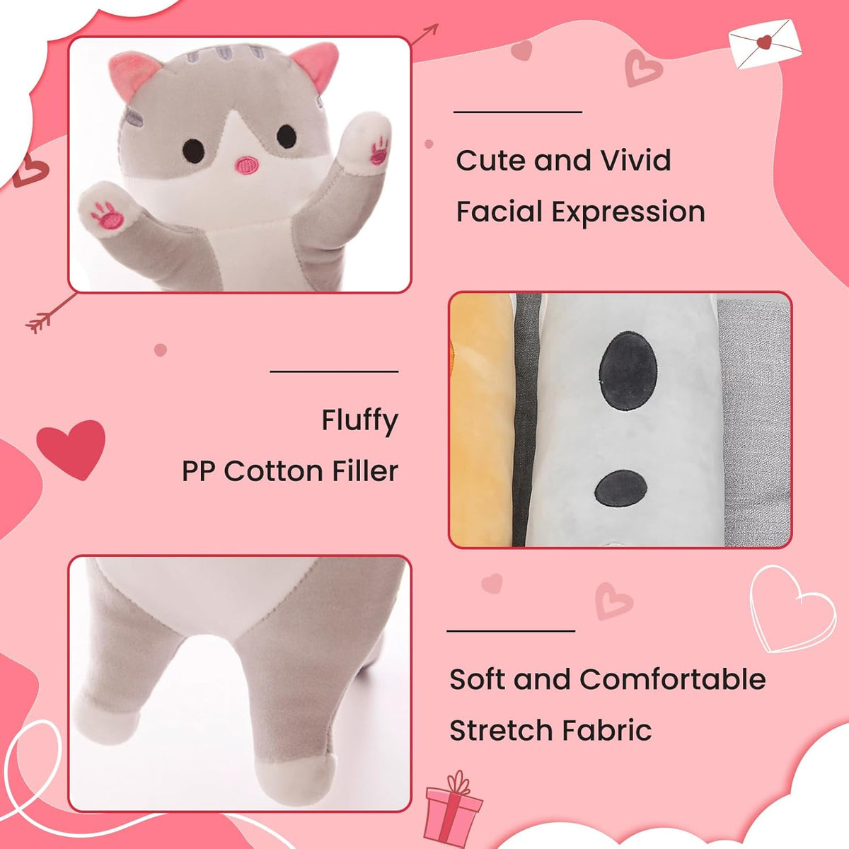 Cat Soft Pillow Plush Long Throw Sleeping Pillow Cotton Kitten Pillow Cuddly Stuffed Cute Plush Doll Gift for Girlfriend (Gray, 19.7Inch)
